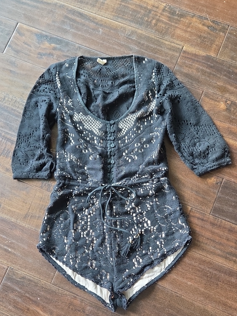 Spell Black Crochet Lace Button-Front Bodysuit with Waist Tie